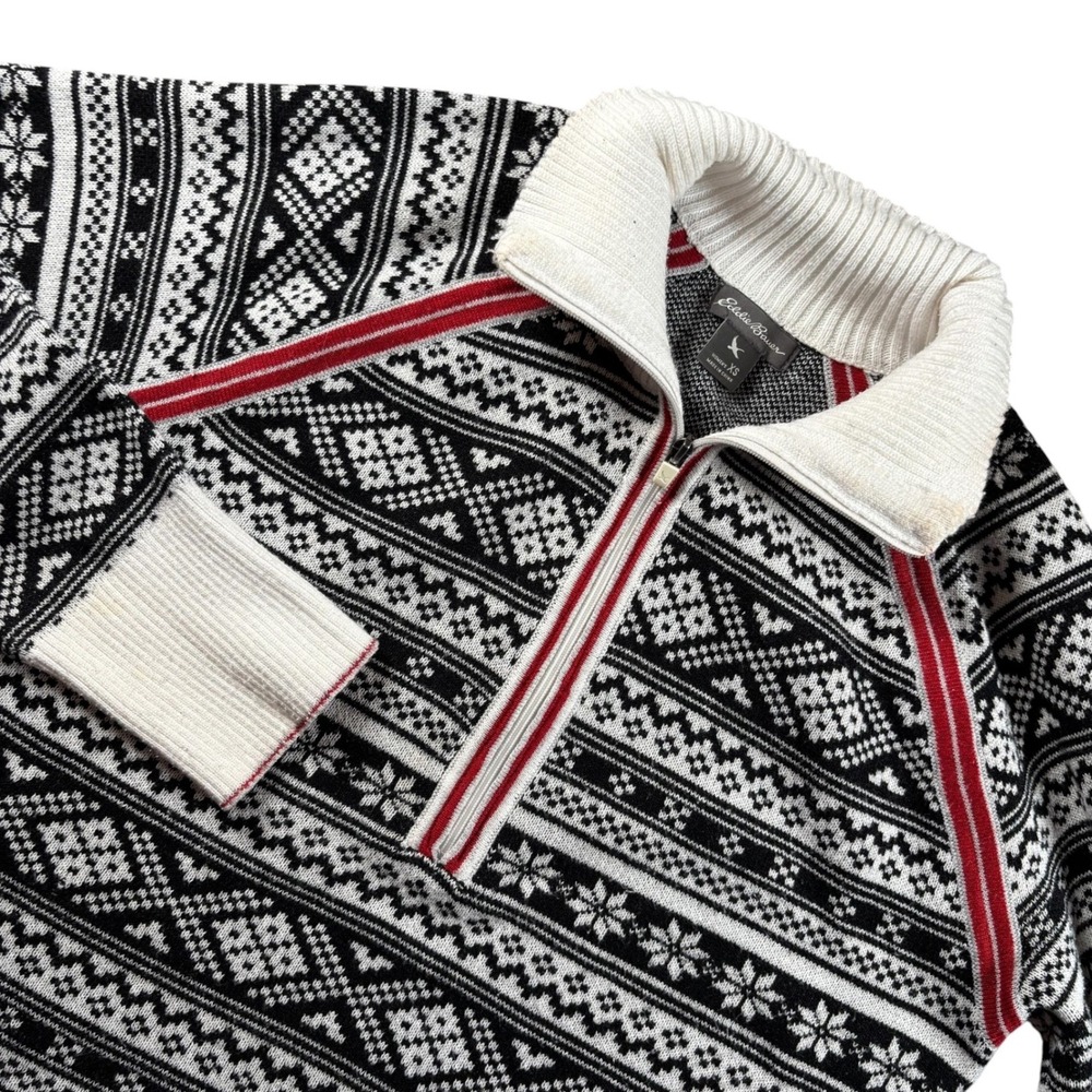 Eddie Bauer 1/4 Zip Sweater‎ Womens XS Black White Fair Isle Nordic CabinCore